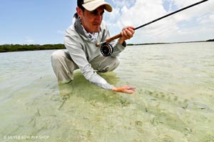 Mike Visintainer releasing the ghost of the flats. While this is a larger bone the fish are still incredibly hard to see.