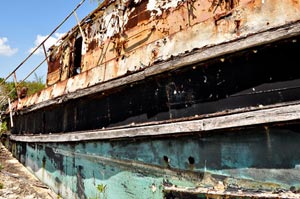 An old ship probably once used to transport salt and shrimp from the southern end of the island now quietly deteriorates away.