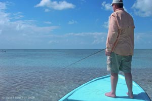 Mike Peters sight fishing for Bonefish off the bow of his guides boat in Belize. 