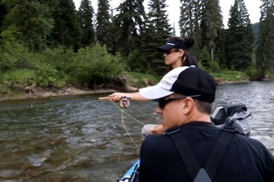 Sean Visintainer with Hilary Hutcheson filming for Trout Tv on the North Fork of the Coeur d'Alene River.