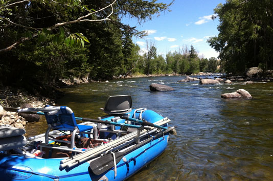 View of the Boulder River from behind the raft.