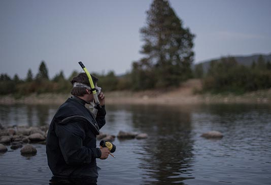 Taylor McCroskey snorkeling the Spokane River for Redband Trout surveying.