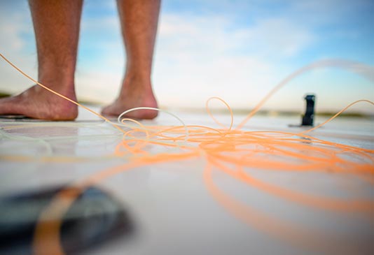 Saltwater fly fishing line management and feet placement.