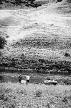 Launching the raft on the river.