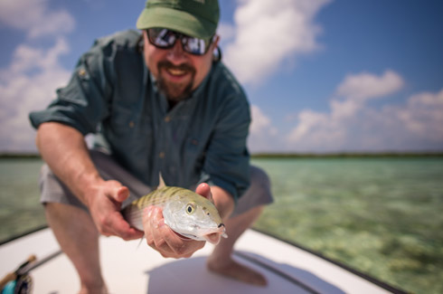 Guest Sam Wood with his first Turneffe Flats Bonefish. 