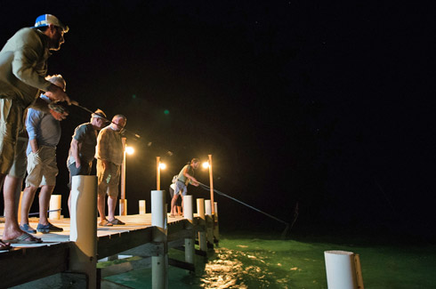 Spin fishing off the Turneffe Flats Lodge dock at night for barracuda and jacks. 