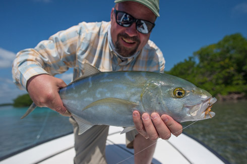 Silver Bow guests Sam Wood with a beautiful Blue Runner Jack at Turneffe Flats.