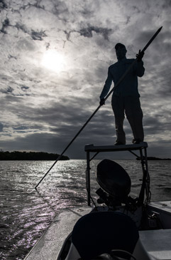 Turneffe Flats Lodge Guide Mark Hyde polling in the morning looking for permit.