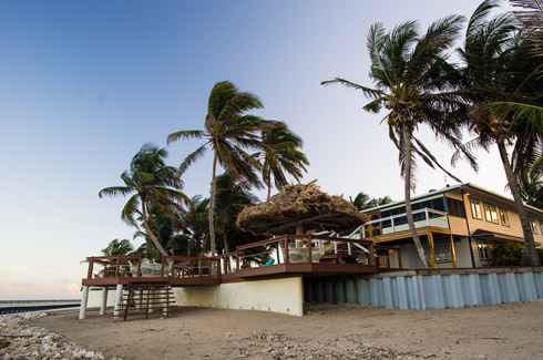 The world famous Turneffe Flats Lodge in the evening. 