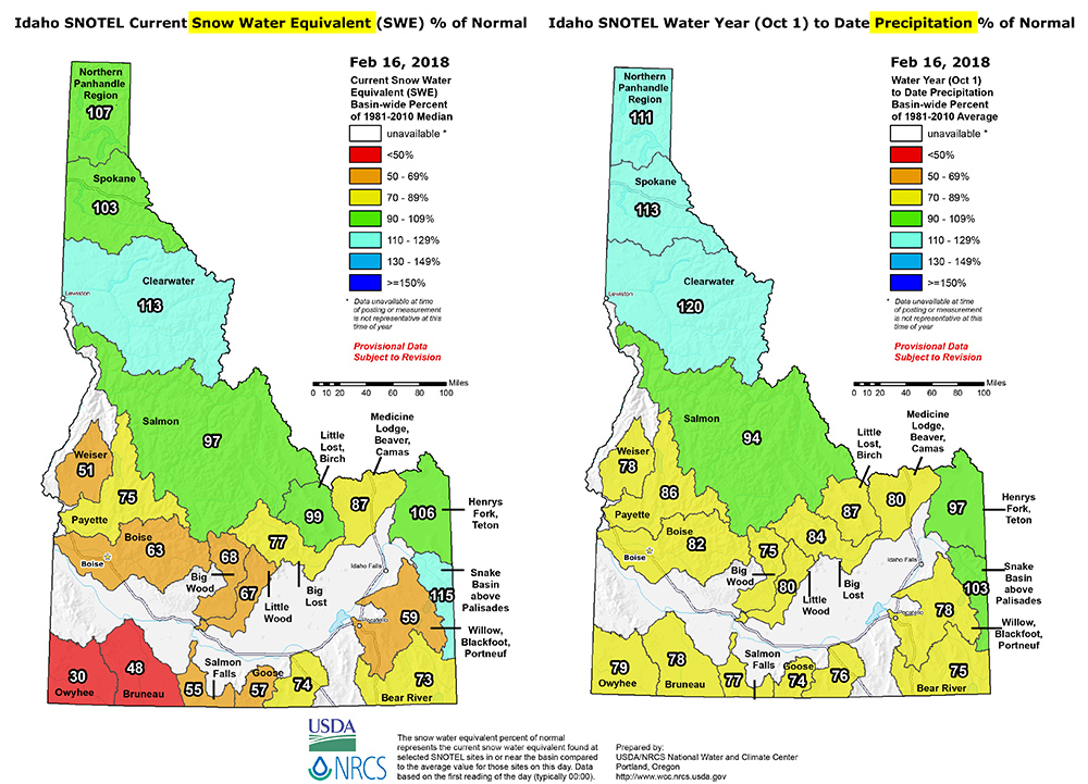 Idaho Feb 16 Snotel Snow and Percipitaion