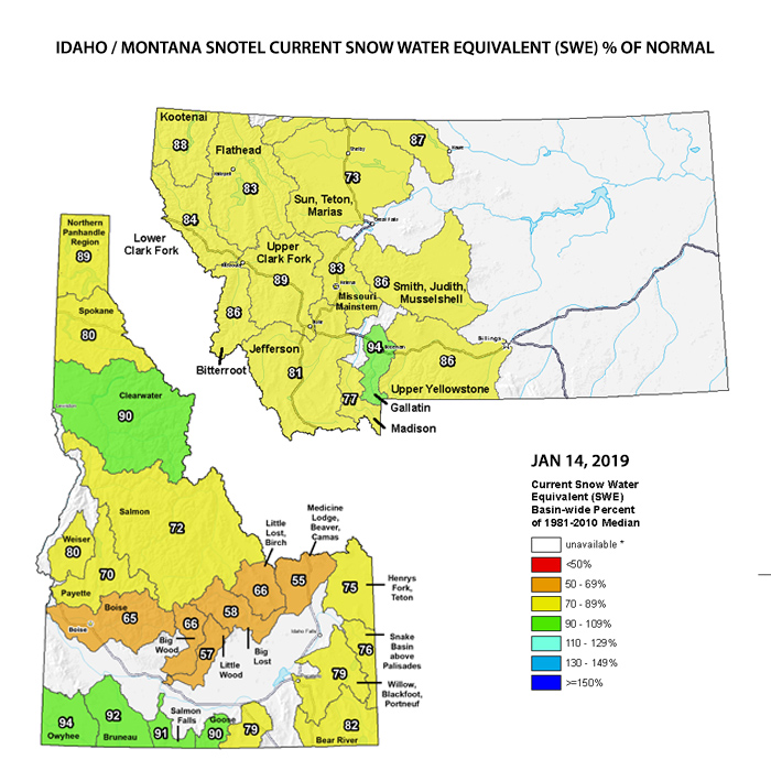 Idaho / Montana Snotel Snow and Percipitaion January 14th, 2019