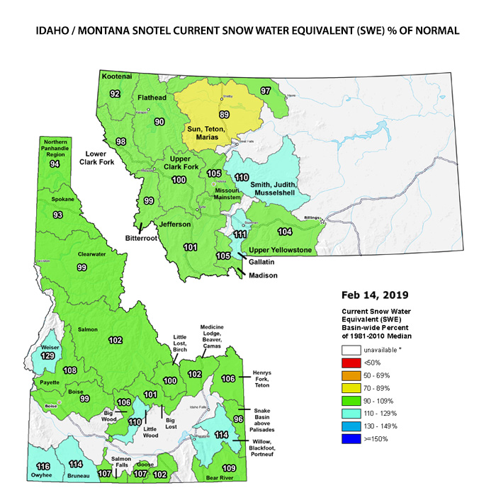 Idaho / Montana Snotel Snow and Percipitaion February 15th, 2019