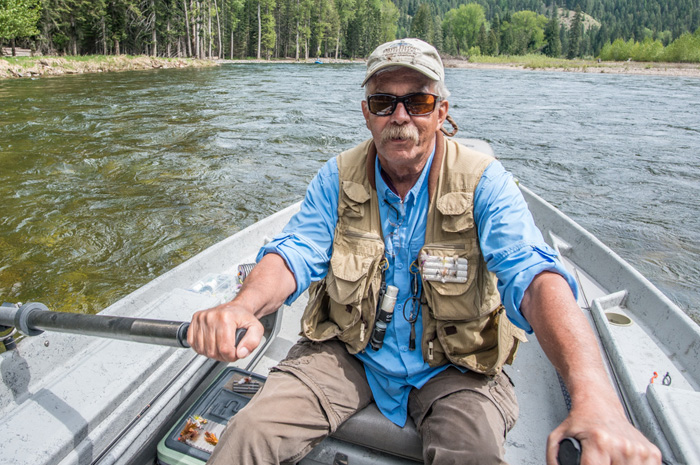 Idaho Fly Fishing Guide Bill Johnson rows the North Fork Coeur d'Alene River in Idaho for westslope cutthroat trout.