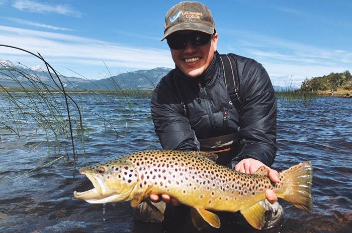 A large brown trout from the Las Pampas region of Patagonia Argentina caught on a dry fly. 