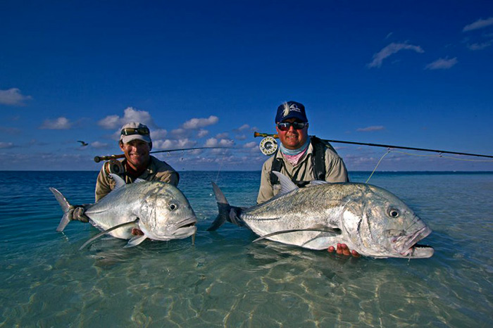A pair of giant trevally fish (known as GT's) caught fly fishing Seychells on the island of Farquhar.