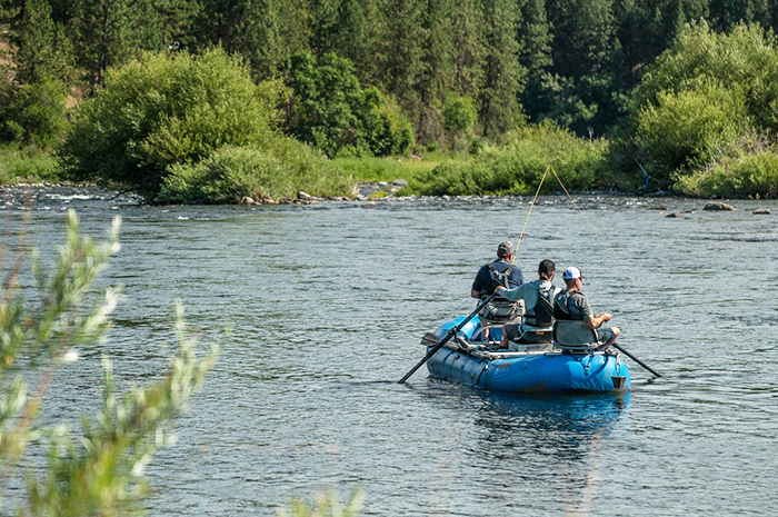 Fly fishing guide on the Spokane, Kenyon Pitts, rowing down the Spokane River looking for the next Redband trout.