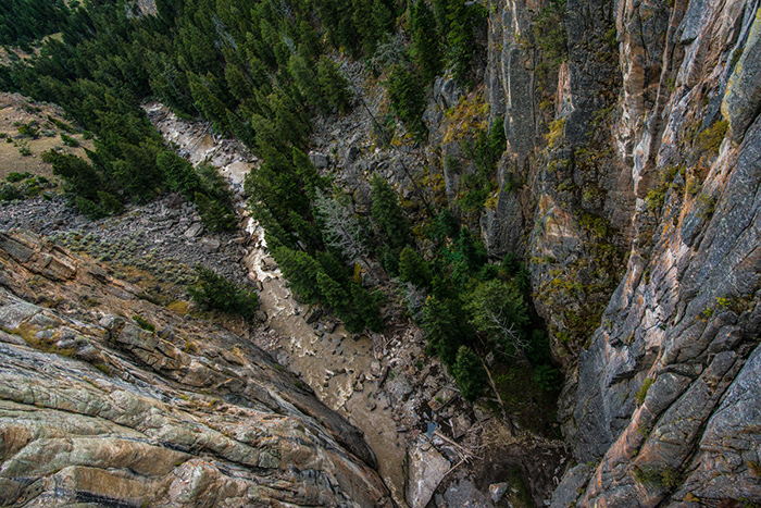 The view from a bridge high above a feeder stream to the Clark's Fork of the Yellowstone River.