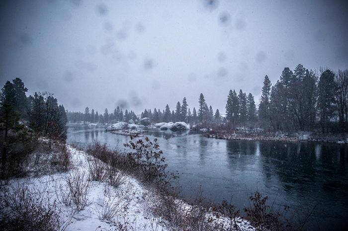 Snow falling on the Spokane River - Spokane, Washington
