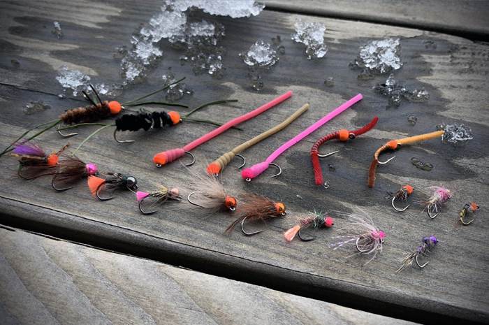 A mix of hot bead, or hot spot, winter flies.