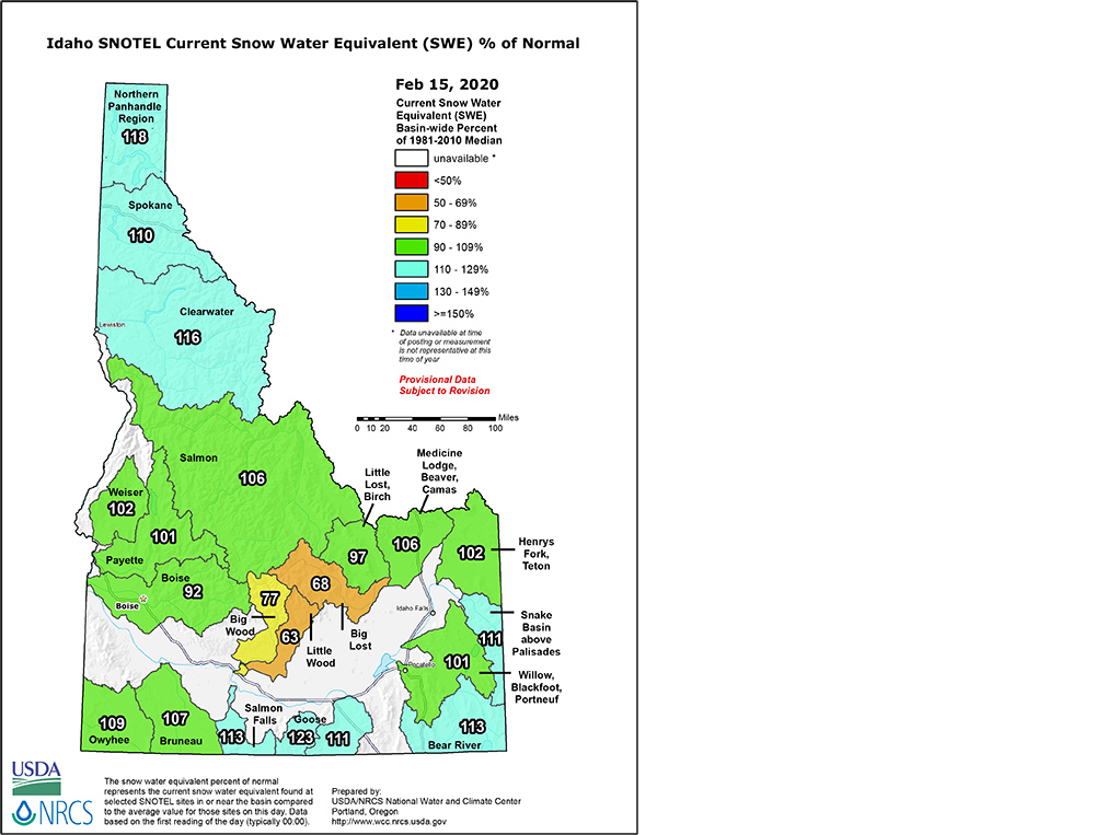 Idaho State Feb 15, 2020 Snotel Snow and Percipitaion