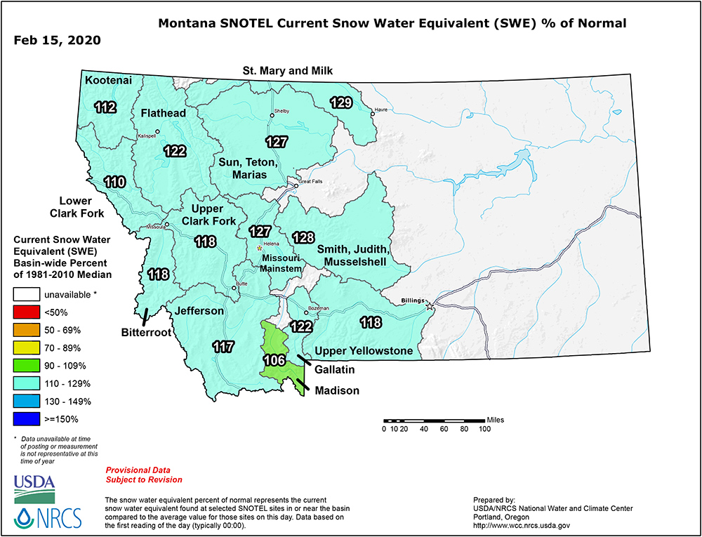 Montana State Feb 15, 2020 Snotel Snow and Percipitaion