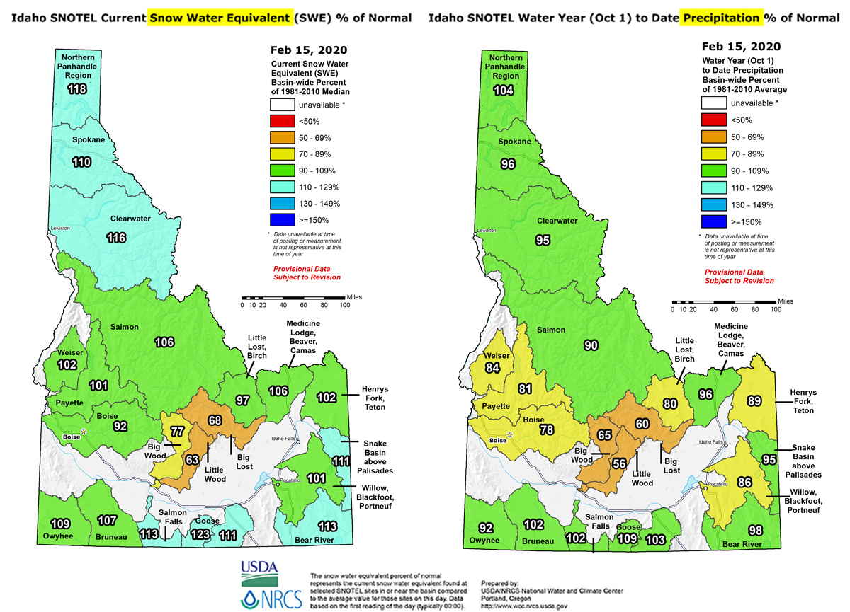 Idaho Feb 15, 2020 Snotel Snow and Percipitaion