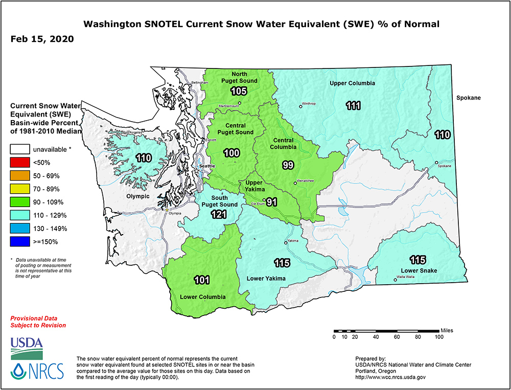 Washington State Feb 15, 2020 Snotel Snow and Percipitaion