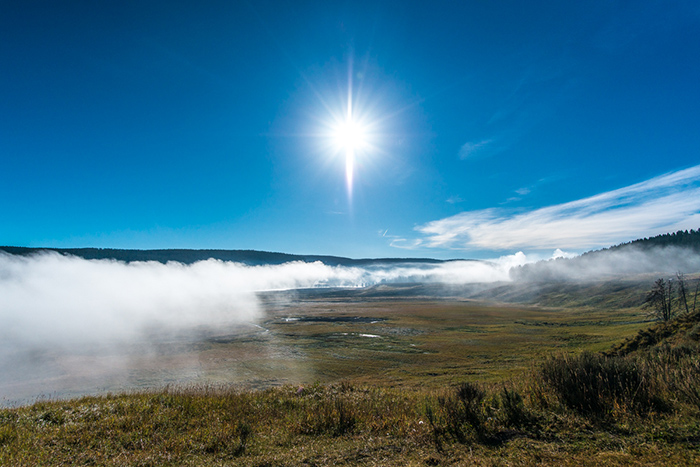 Fog lifting along the Yellowstone River, Hayden Valley, Yellowstone National Park.