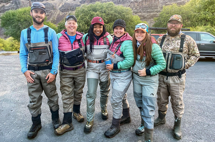 The Silver Bow guides, Kelby Braun and Bjorn Ostby, with the United Women on the Fly crew.