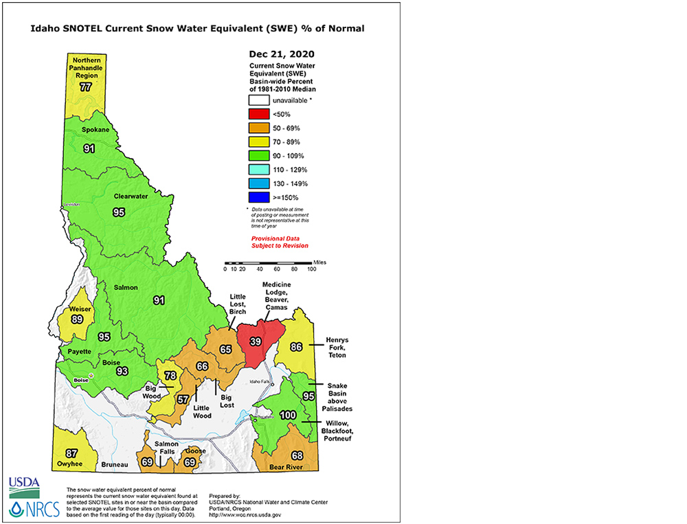 Idaho December 21, 2020 Snotel Snow and Percipitaion