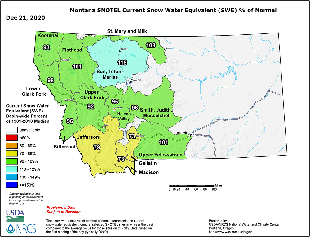 Montana December 21, 2020 Snotel Snow and Percipitaion