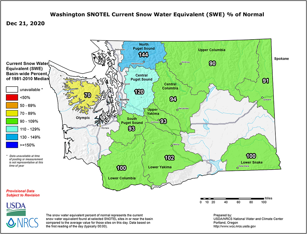 Washington State December 21, 2020 Snotel Snow and Percipitaion