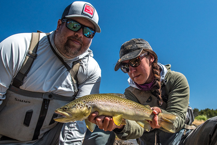 Brett Stevens and Las Pampas guide Marcela with a brown trout from the Las Pampas River.