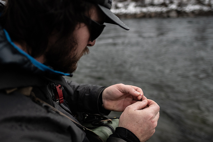 Kenyon Pitts tying on a hot bead pattern for wintertime fly fishing on the Spokane River.