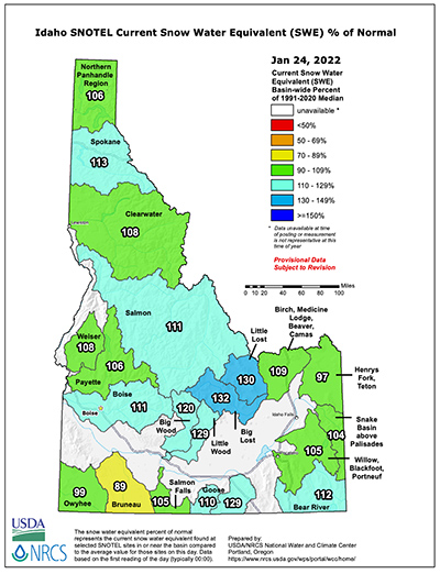 Idaho State Jan 24, 2022 Snotel Snow and Percipitaion