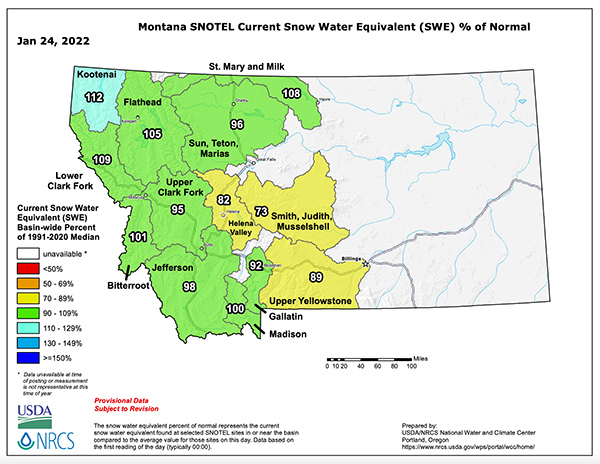 Montana State Jan 24, 2022 Snotel Snow and Percipitaion