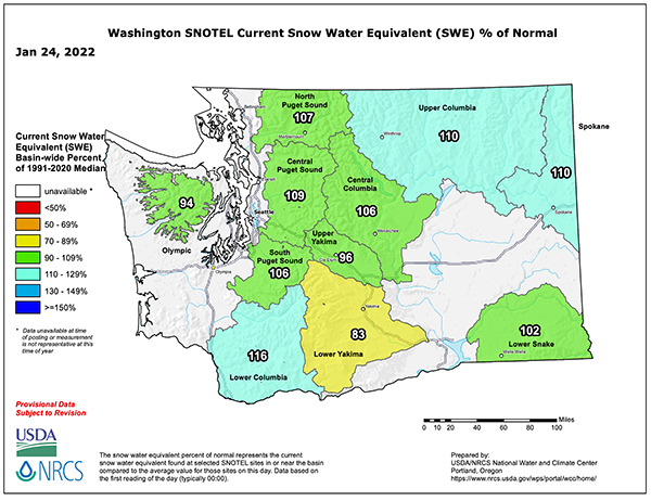 Washington State Jan 24, 2022 Snotel Snow and Percipitaion