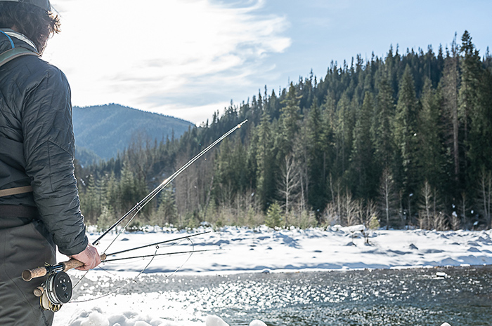 Observing a good winter fishing spot on the North Fork of the Coeur d'Alene River.