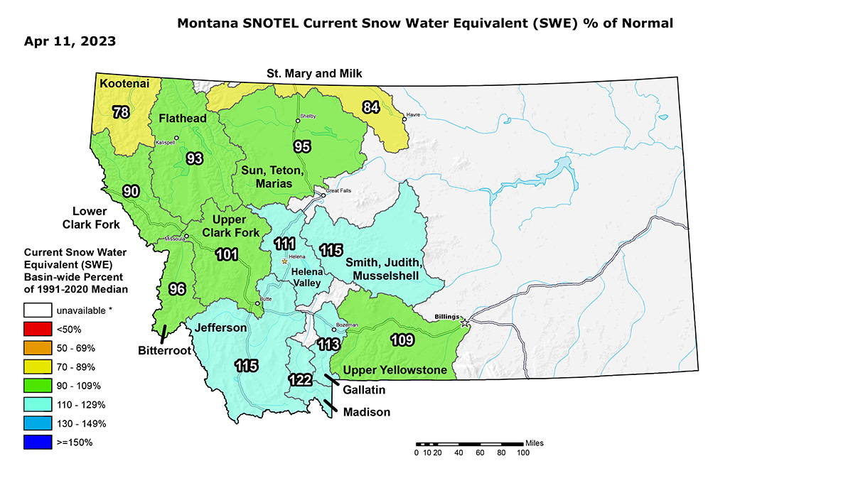 Montana State April 11, 2023 Snotel Snow and Percipitaion
