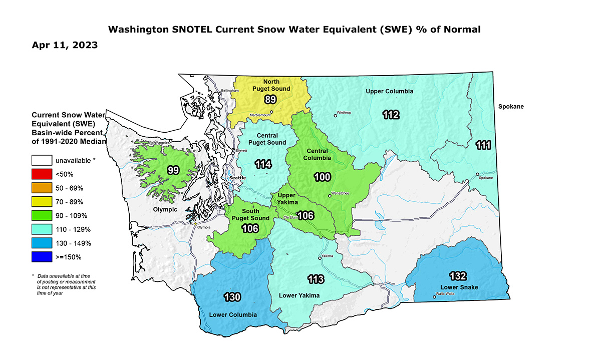 Washington April 11, 2023 Snotel Snow and Percipitaion