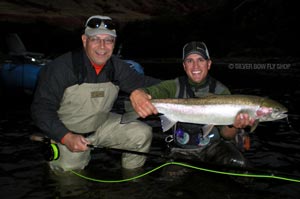 Mike D. fishing "The Closer" minutes before dark and producing this bright hatchery hen Steelhead on the Grande Ronde River.