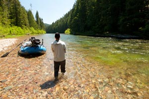 Sean reels up to head back to the boat in search of more cutthroat in Idaho on the NF Cd'A River.