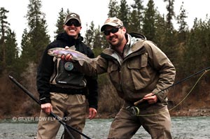 Sean Visintainer (owner Silver Bow) and Josh Seaton (Guide) getting in on some early season nymphing action on the Spokane River before their guide season kicks off.
